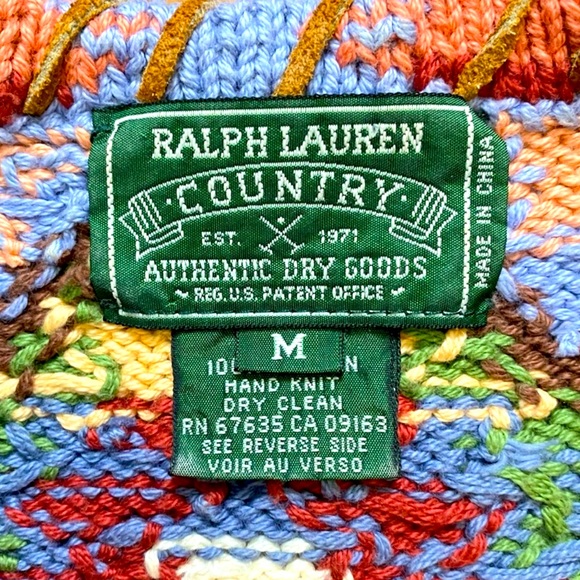 RALPH LAUREN COUNTRY 80’s HandKnit Native American Leather Whip Stitch Sweater M - Picture 2 of 14